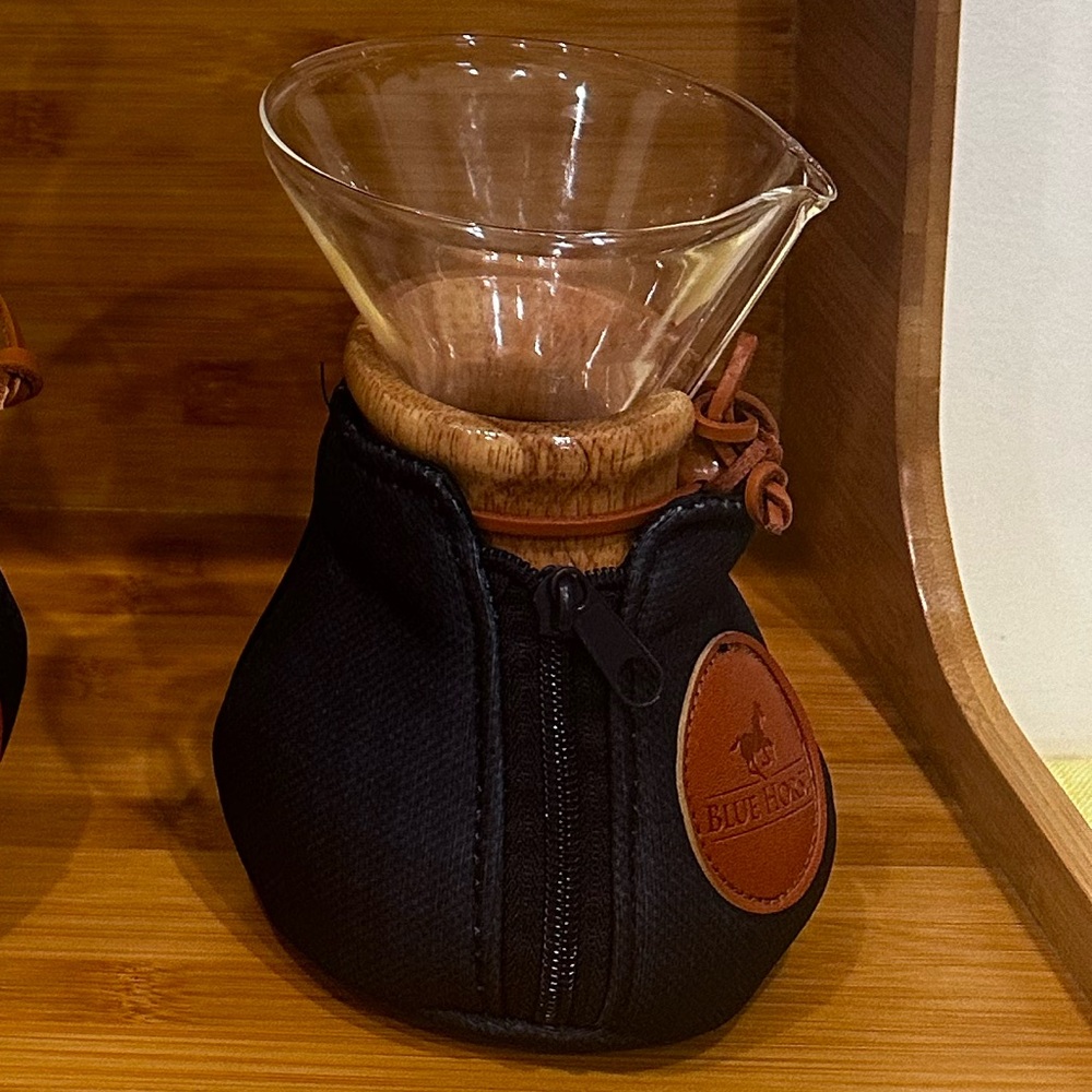 The Blue Horse glass pour over coffee maker comes with cozy!